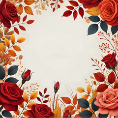 Autumn Floral Border with Red Roses and Fall Leaves