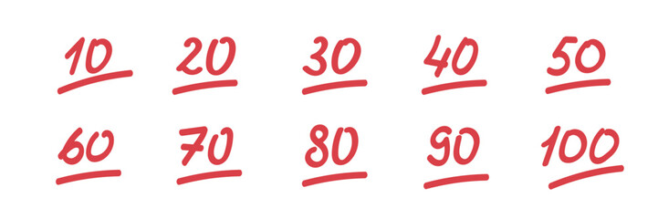 Exam score symbols. Test Result Hand Drawn Illustration Set. Grade Marks collection. Red Numbers. Vector illustration