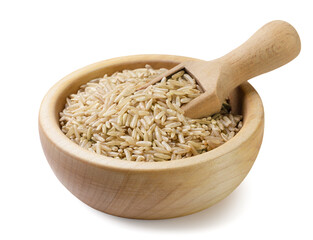 Rice in a wooden plate with a scoop close-up on a white background. Isolated