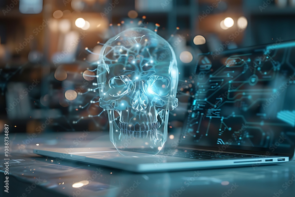Poster a futuristic depiction of a digital skull emerging from a laptop, symbolizing the intersection of te