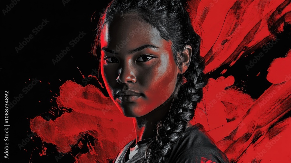 Poster a portrait of a determined athlete against a dynamic red backdrop.