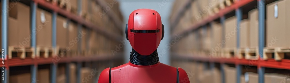Poster a futuristic red robot stands in a warehouse aisle, surrounded by neatly stacked cardboard boxes, sy