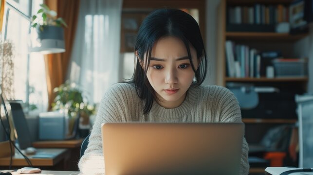 Asian woman work from home during corona virus, COVID-19 out break use laptop for teleconference with her teamates