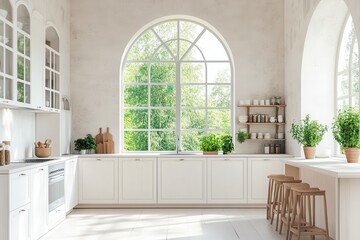 Bright, modern kitchen with large windows and greenery.