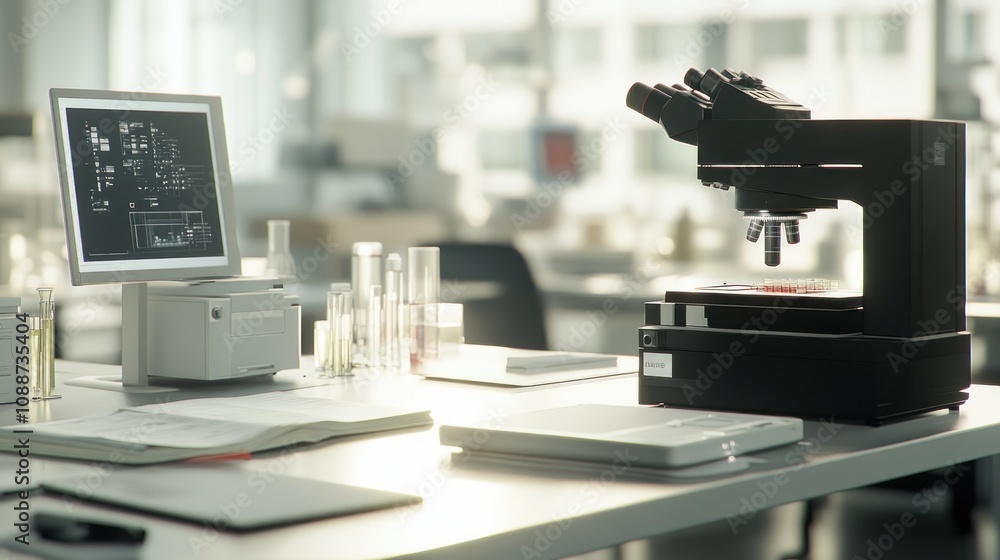 Poster a modern laboratory setting featuring a microscope and computer for scientific research.