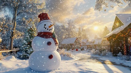 Obraz premium Building joy with frosty friend. Snowy delight. Celebrating season with merry snowman and snow. Frosty greetings. Charming in winter tale on christmas