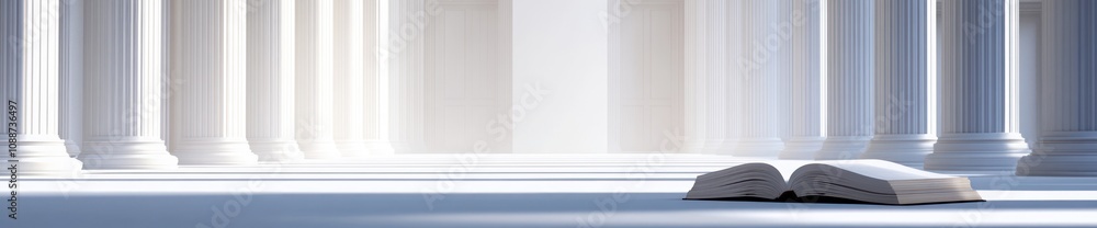Poster A serene space with columns and an open book, evoking knowledge and contemplation.