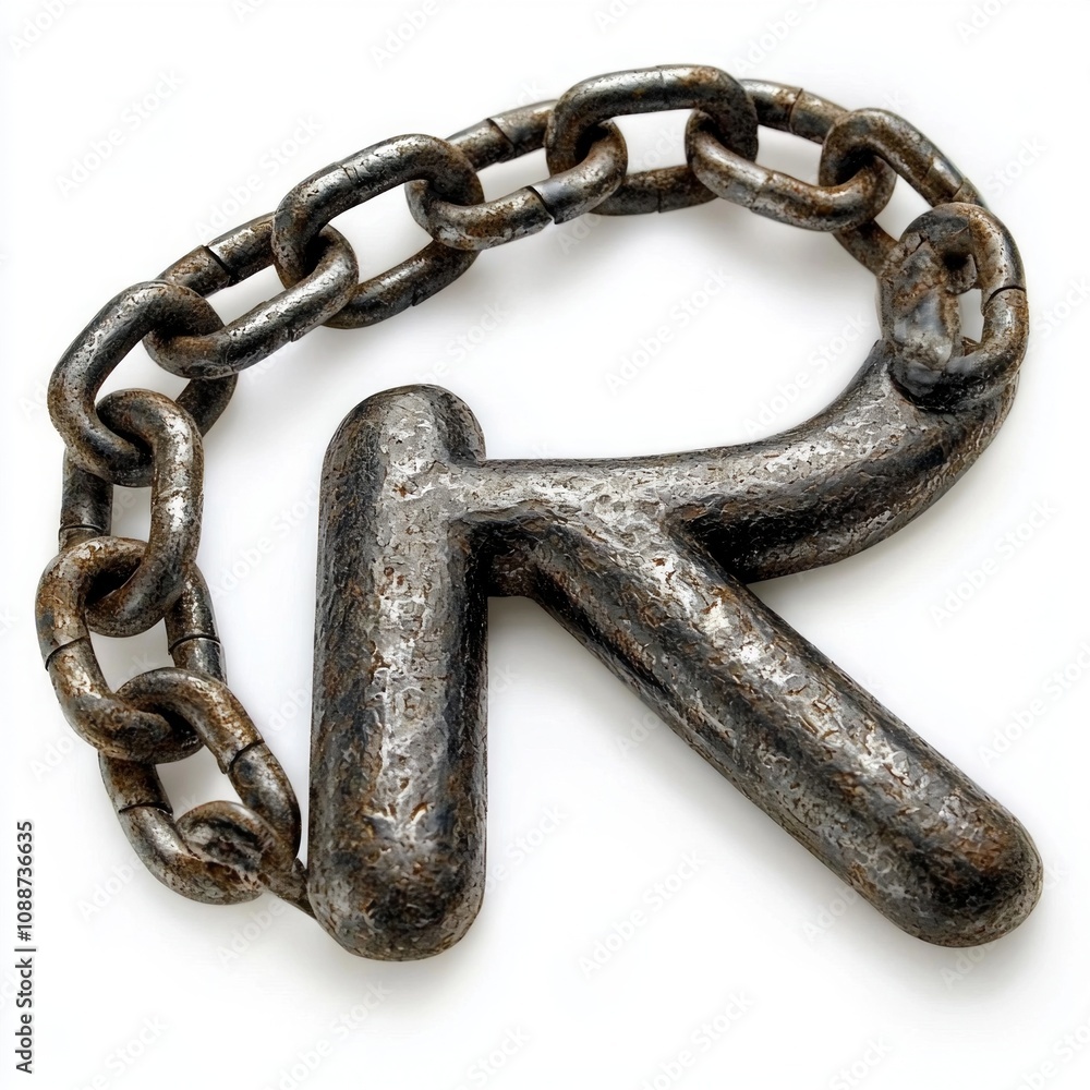 Poster letter r creatively designed using chain rough links placed white background emphasize its artistic 