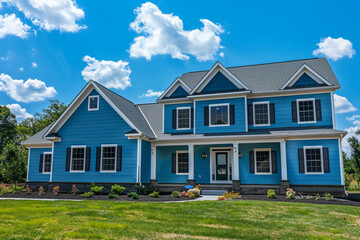 An elegant electric blue house with siding, located on a large lot in a quiet subdivision, featuring traditional windows and shutters, under a sunny day.