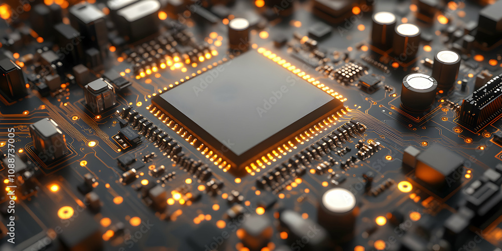 Poster 3d rendered circuit board with glowing processor in the center