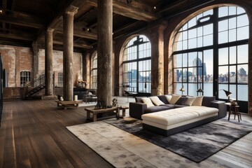 interior living room loft style, brick walls, soft sofa, panoramic windows, seascape outside window