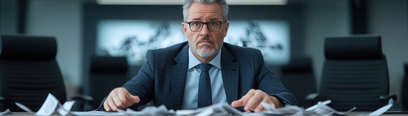Investing mistake fail business and volatility Concept, A stressed businessman sits at a cluttered desk surrounded by crumpled paper, conveying a sense of pressure and overwhelmed responsibility.