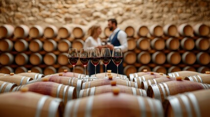 Travelers in local traditions concept. Underground winery tour, travelers tasting wine with a sommelier, warm rustic setting, barrels and stone walls, immersive local culture, wine heritage