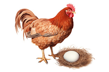 Fototapeta premium hen with detailed feathers stands beside nest containing single egg, beauty of farm life and nature concept, isolated on transparent background.