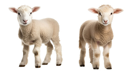 Obraz premium Two adorable baby lambs with detailed fur stand side by side, with playful nature and soft wool, innocent expressions evoke sense of joy and warmth on transparent background.