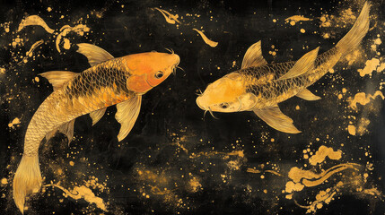 Koi, Chinese art, Japanese traditional, ink painting, tattoo, Chinese, gold and black background, simple, blue background, Nishikigoi