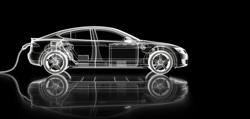 Naklejka premium 3d rendering electric car battery with pack of battery cells module on platform, black background
