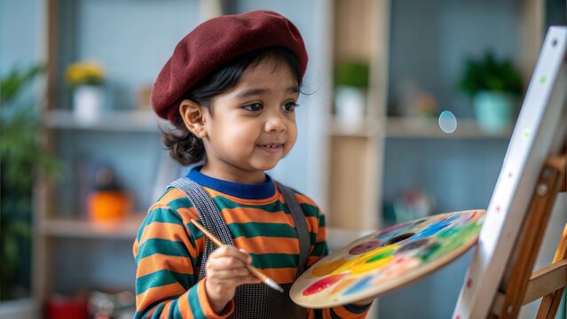 "Future Indian Artist"
An Indian child with a beret and paint palette, creating art on a canvas in a vibrant studio.