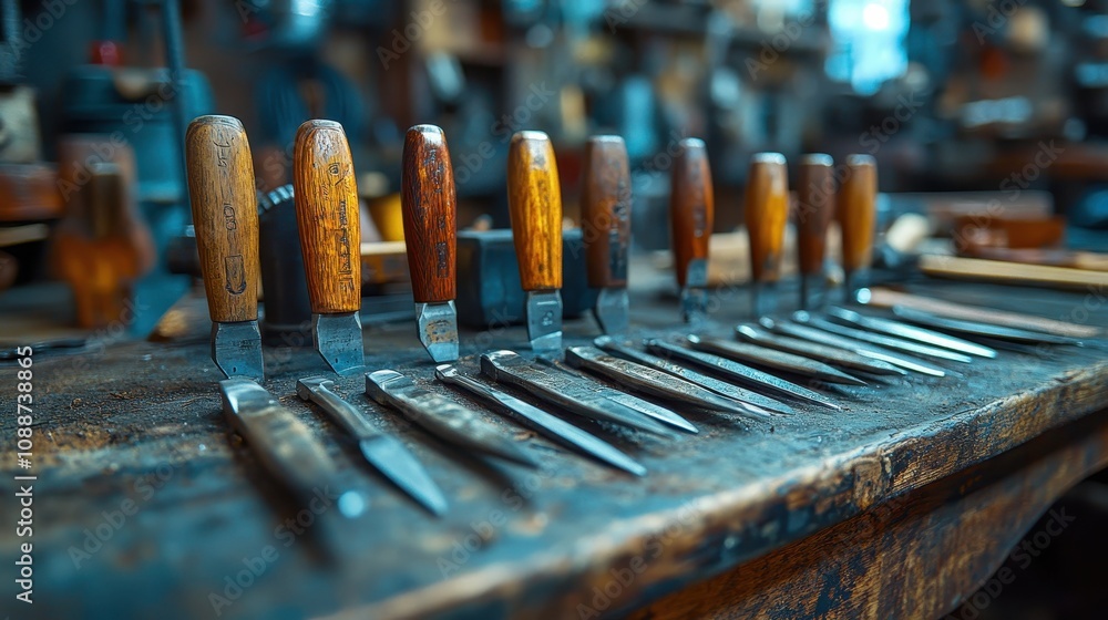 Poster a line of wooden-handled carving knives neatly arranged on a workbench, showcasing craftsmanship and