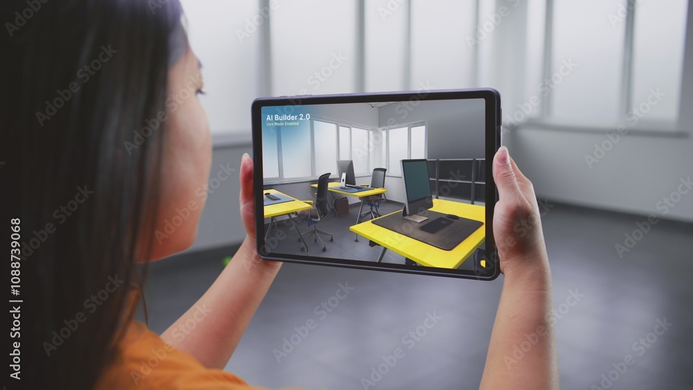 Fototapete asian female designer uses tablet computer and virtual reality interior design app to design office 