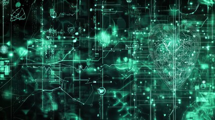 Naklejka premium A futuristic medical digital abstract image featuring glowing medical symbols and data streams