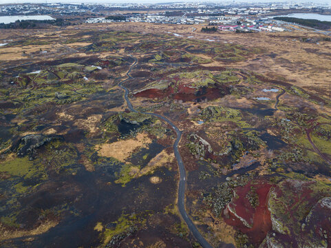 Aerial image of the Raudholar volcanic region, which contains a cluster of rootless cones, also called pseudcrater