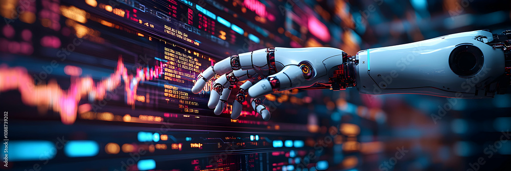 Poster a robotic hand interacting with a digital data screen displaying financial data