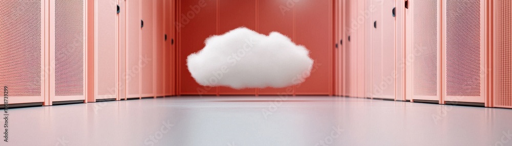 Poster a surreal image featuring a fluffy cloud floating above a smooth, light-colored floor in a corridor 