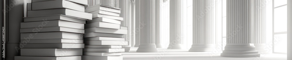 Poster A serene library space with stacked books and classical columns.