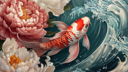 Koi, Chinese art, Japanese traditional, ink painting, tattoo, Chinese, gold and black background, simple, blue background, Nishikigoi