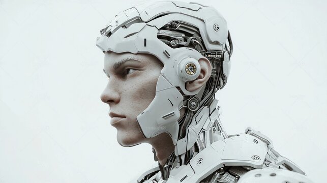 A futuristic representation of an artificial intelligence human with a blend of human features and robotic elements