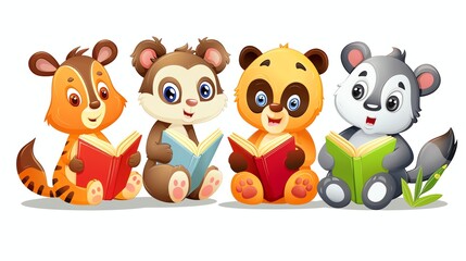 Naklejka premium Four cartoon animals reading books.