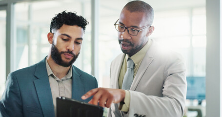 Tablet, discussion and business men in office with research for break in finance stock market. Meeting, digital technology and male financial advisors with online revenue, profit or equity report.