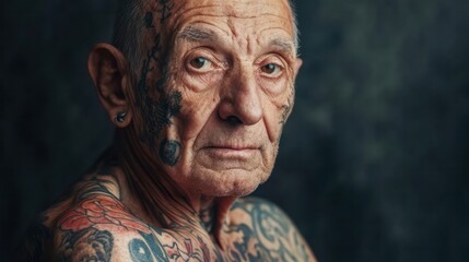 Senior with tattoos, older individual posing proudly, symbolizing stories and resilience, natural lighting.