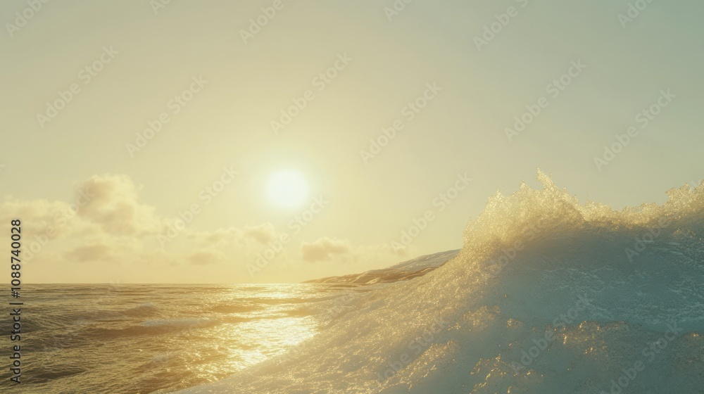 Poster sunset over ocean waves, creating a serene and tranquil atmosphere.