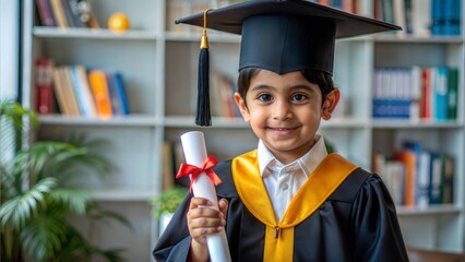 "Indian Student Graduation Dream"
An Indian child in a miniature graduation robe, holding a diploma with a bookshelf in the background.