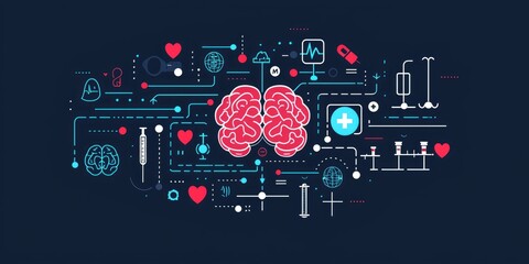 A conceptual healthcare AI image featuring a digital brain, connected to medical icons like heartbeats, syringes, and healthcare symbols.