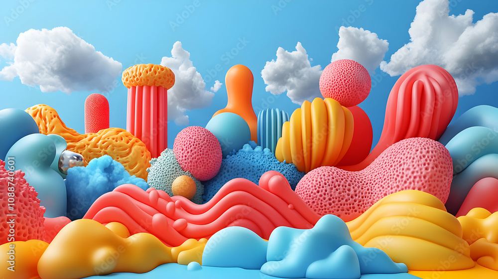 Poster abstract 3d colorful shapes with clouds rendered in a digital landscape
