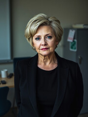 conservative woman in her 60s or 70s, professional neat attire, chief operating officer, imaginative, faded background