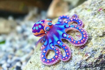 Fototapeta premium Blue Ring Octopus on Rock A small