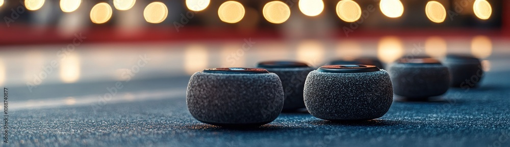 Poster close-up of curling stones on a rink with blurred lights in the background.