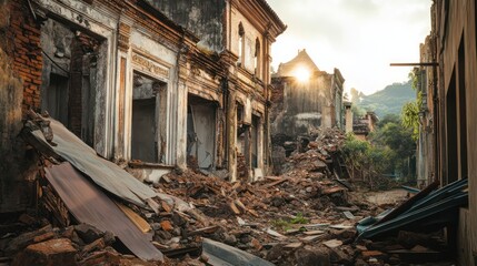 Fototapeta premium Silent impact of disasters on heritage sites, crumbled ruins bearing scars of nature