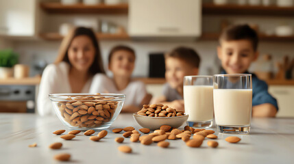 A family enjoying healthy almond snacks and almond milk in a bright kitchen, promoting nutritious eating habits.