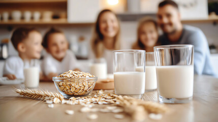 A joyful family enjoys breakfast together with oat milk and oats, emphasizing healthy living and good vitality with non dairy product