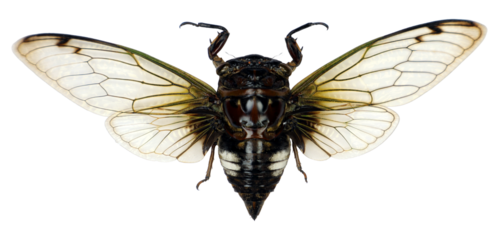 A cryptotympana acuta cicada is perched on a transparent, showcasing its striking translucent wings and distinctive black and white coloration