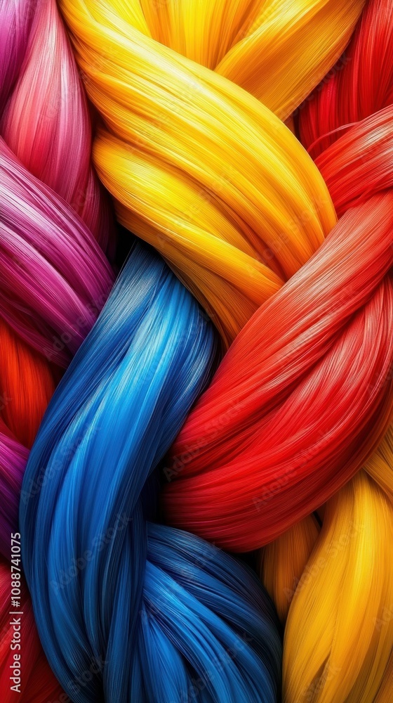 Poster vibrant strands of colored fibers intertwined in a dynamic pattern.