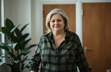 overweight woman in her 50s or 60s as patient in a healthcare office, plaid v-neck shirt, big houseplants, wooden door, diffused light