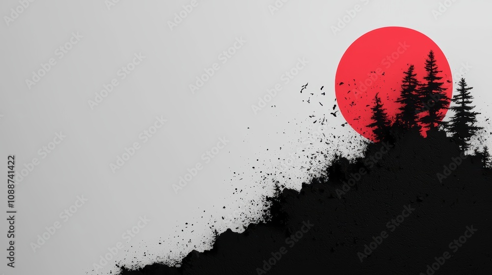 Poster a minimalist design featuring a silhouette of trees against a large red sun, creating a striking con