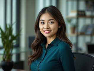 asian woman in her 20s, model portrait, professional polo shirt, business partner, blurry background, engaging and restrained