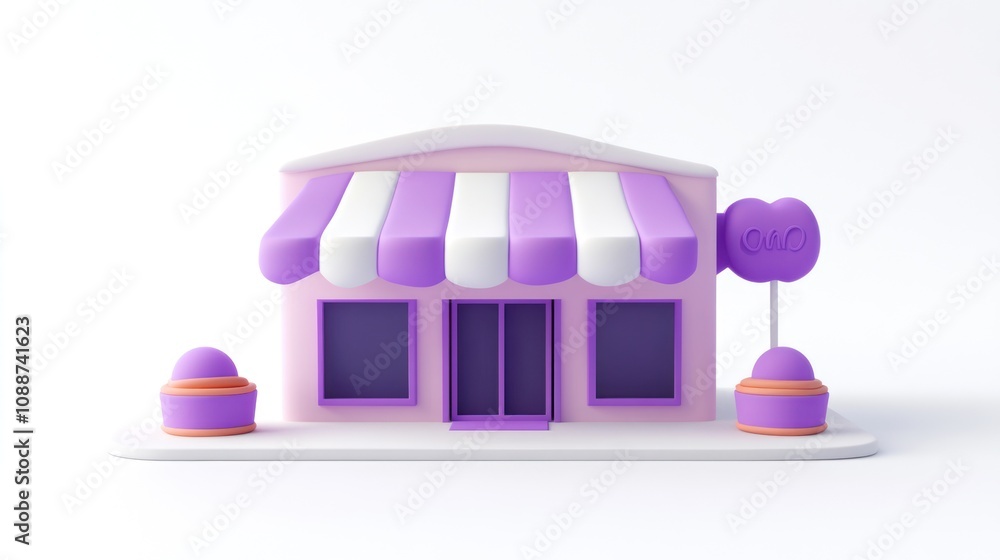 Poster a colorful, stylized building with a striped awning and decorative elements.
